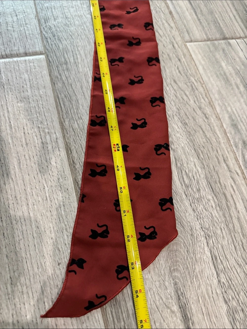 Silk-Feel Rust Scarf with Velvet Black Cat Print